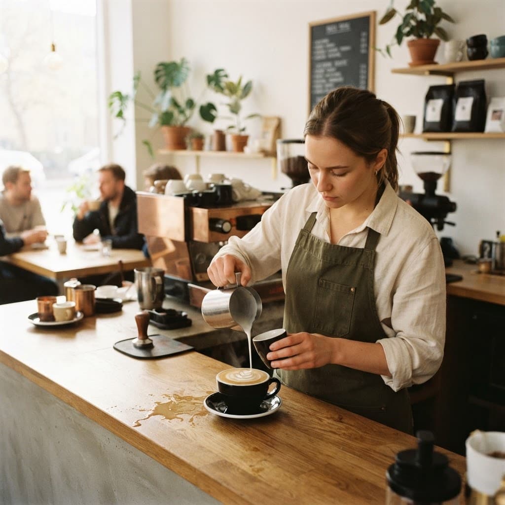 Barista der laver kaffe i en café om morgenen