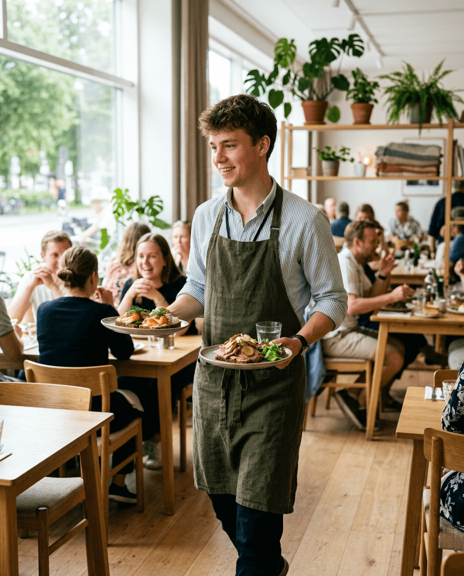 Gæster der spiser frokost i en lys restaurant